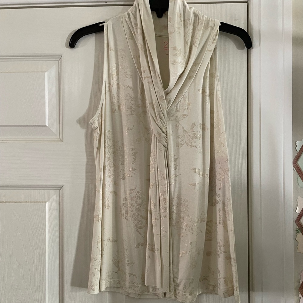 NWTS. SLEEVELESS TIE NECK KNIT CREAM GOLD FLOWERS M (very subtle)